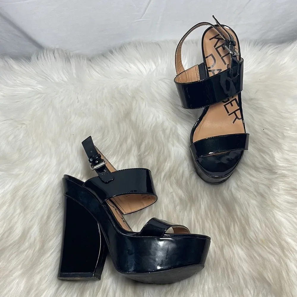 Kelsi Dagger Holly Black Patent Platform‎ Wedge Shoes Sz 7
